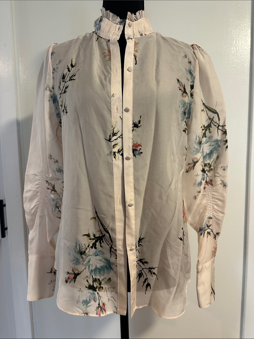Joie Cream Floral Ruffle-Trim Button Front Blouse